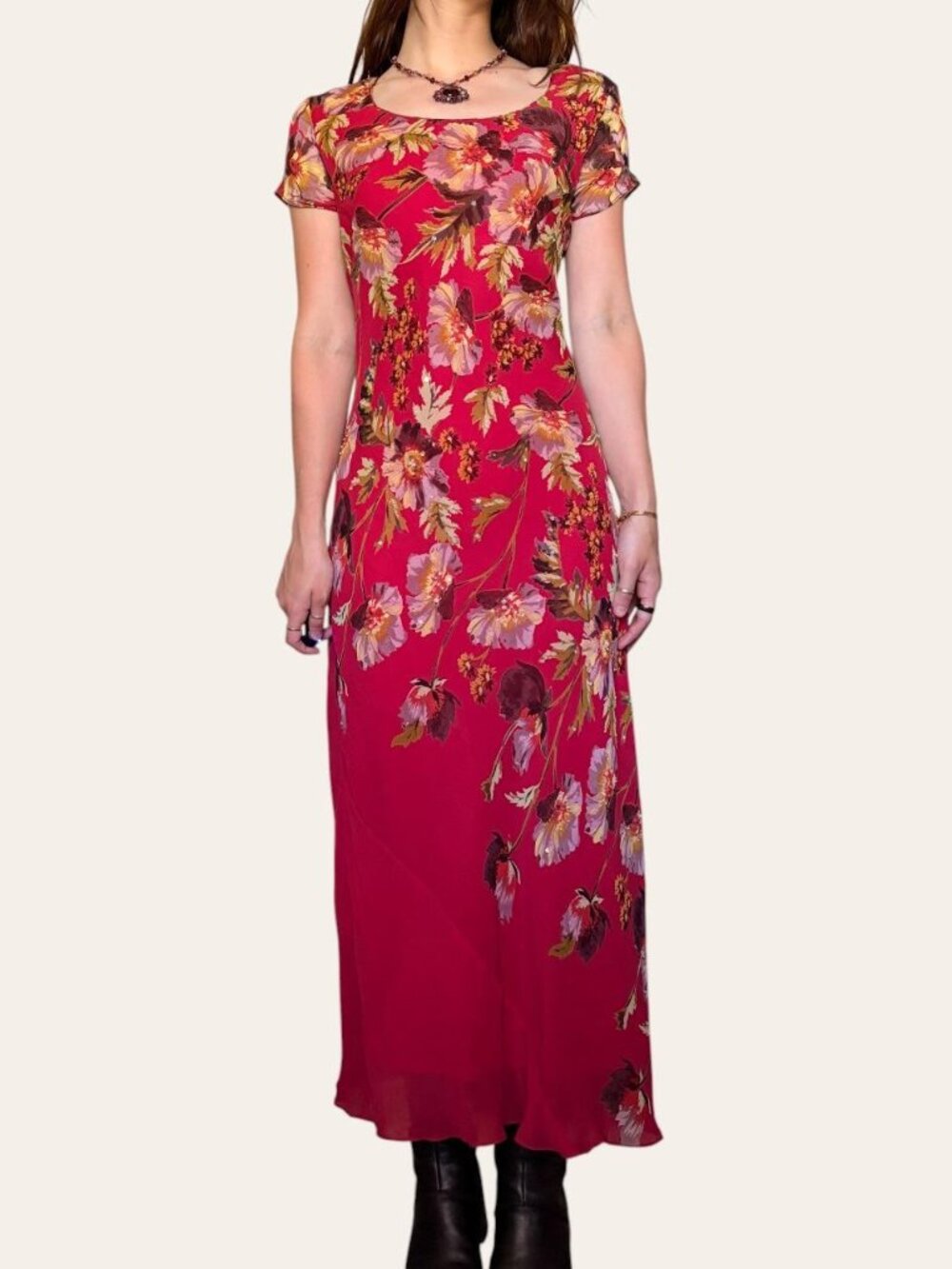 90s vintage Paradise New York hot pink sequin beaded floral chiffon fairy dress - Picture 5 of 8